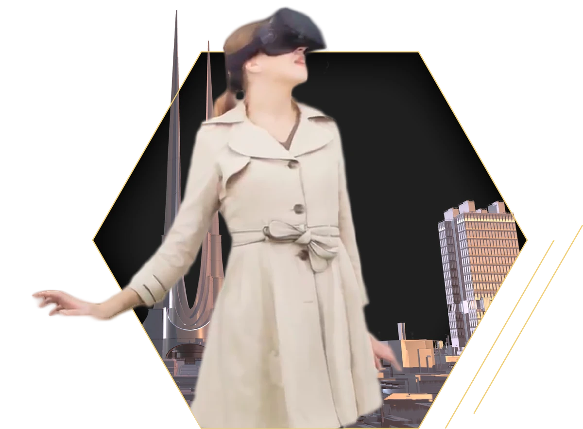 A visitor wearing a VR headset in an architectural visualization